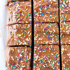 These chocolate frosted brownies start with fudge brownies and are topped with a chocolate buttercream frosting (with a secret ingredient!).