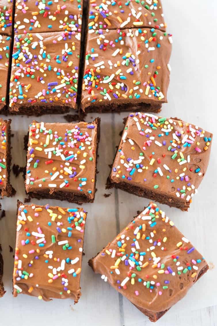 These chocolate frosted brownies start with fudge brownies and are topped with a chocolate buttercream frosting (with a secret ingredient!).