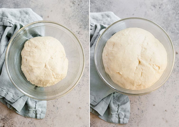 Side by side photos of dough before and after rising in a glass bowl.