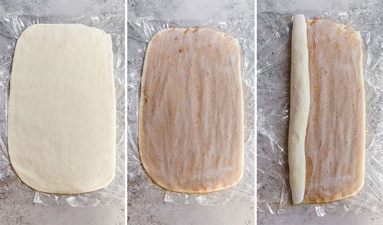 Step by step photos showing sticky bun dough rolled out, sprinkled with cinnamon sugar, and rolled up.