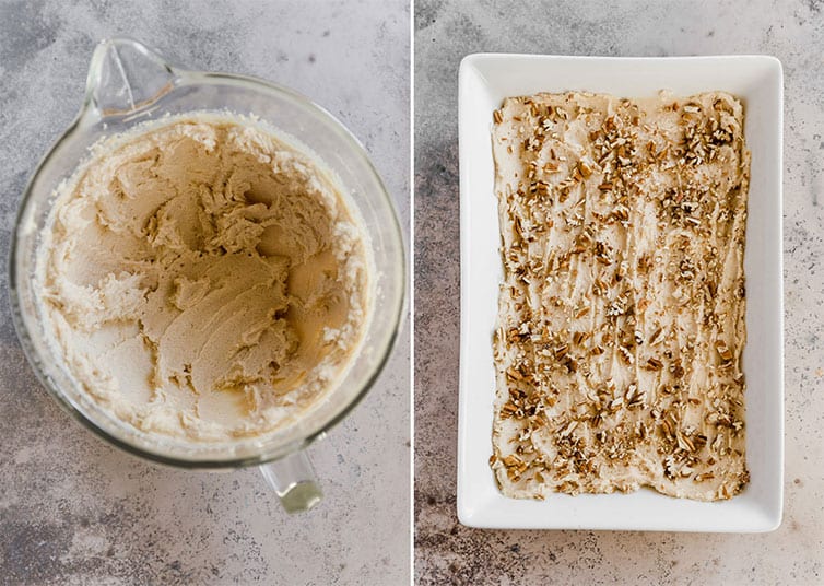 A bowl of caramel glaze and then it spread onto the bottom of a pan with chopped pecans.