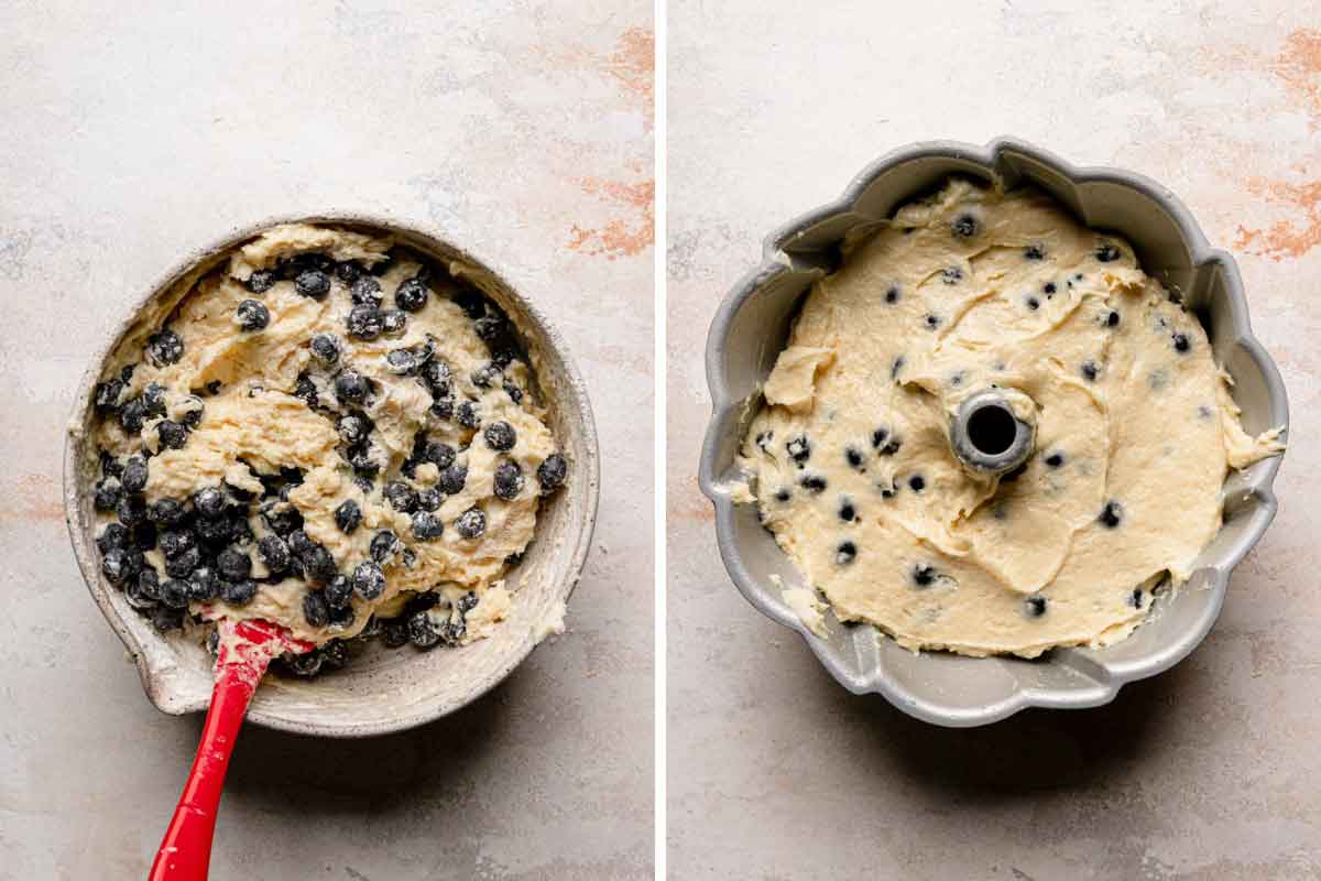 Side by side photos of the batter for lemon blueberry cake being mixed together and then spread into a Bundt pan.