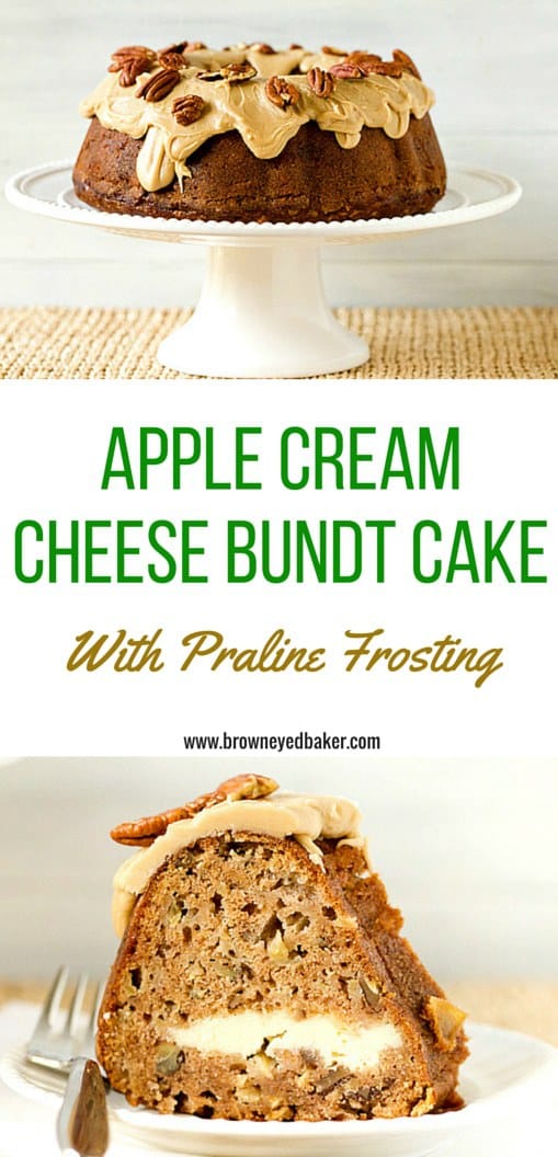 Apple Spice Cream Cheese Bundt Cake with Praline Frosting & Pecans. OH MY! | browneyedbaker.com