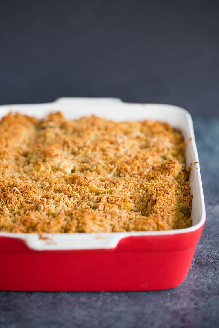 A pan of freshly baked turkey tetrazzini.