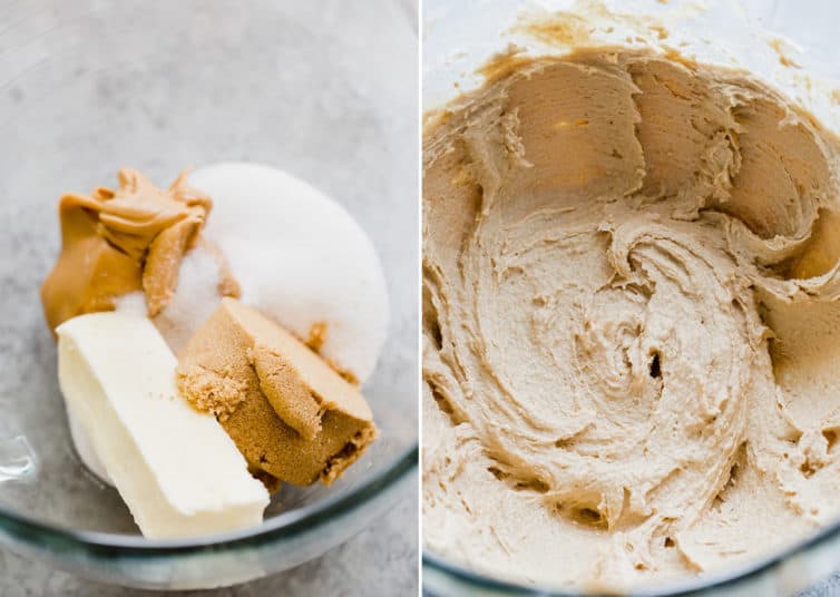 Preparing the cookie batter for peanut butter cup cookies.