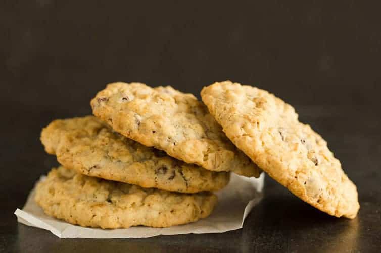 A pile of oatmeal chocolate chip cookies.