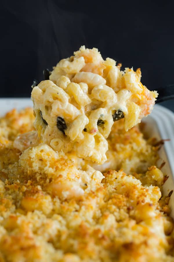 Scooping up a big helping of Cajun shrimp macaroni and cheese.