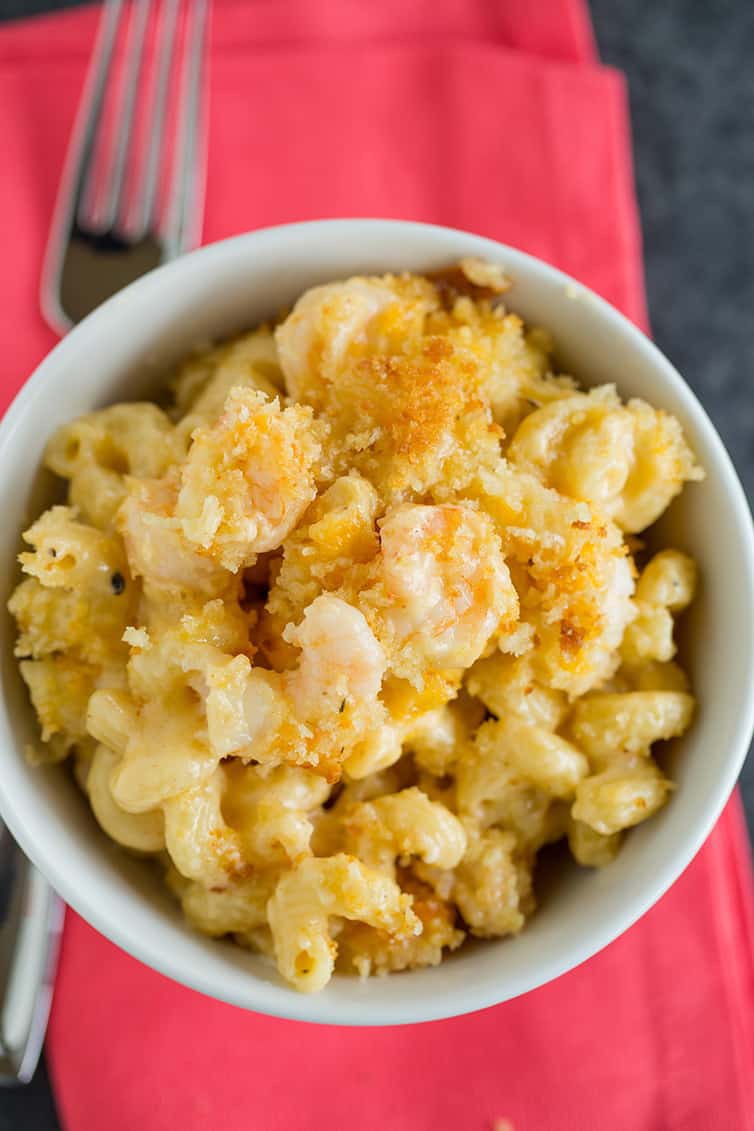 A big bowl of Cajun shrimp macaroni and cheese.