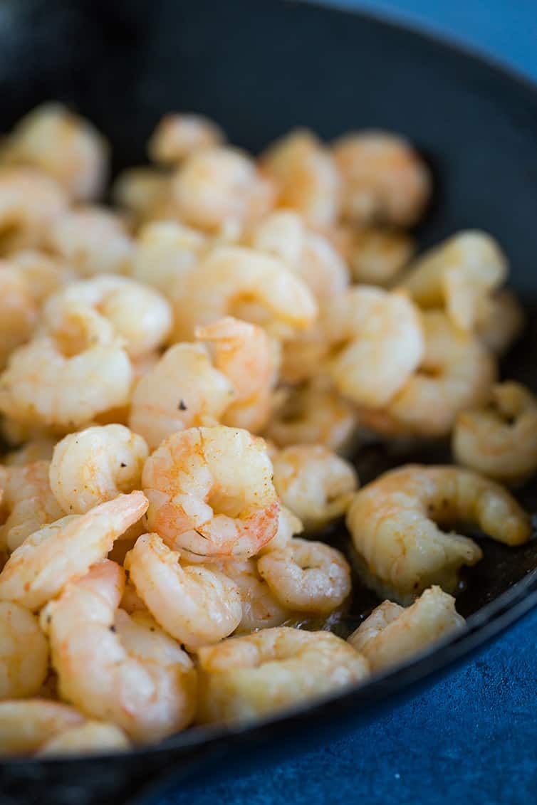 Sauteed shrimp waiting to be turned into Cajun shrimp macaroni and cheese.