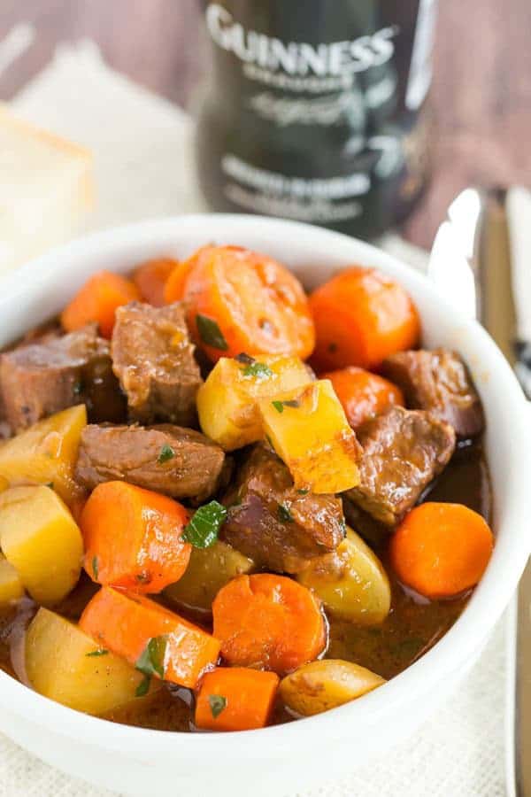 This Guinness Beef Stew recipe is rich and hearty, with a robust gravy-like sauce that is flavored by Guinness. A must for St. Patrick's Day!