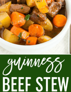 This Guinness Beef Stew recipe is rich and hearty, with a robust gravy-like sauce that is flavored by Guinness. A must for St. Patrick's Day!