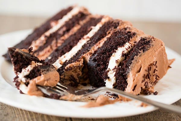 Six-Layer Chocolate Cake with Toasted Marshmallow Filling and Malted Chocolate Frosting