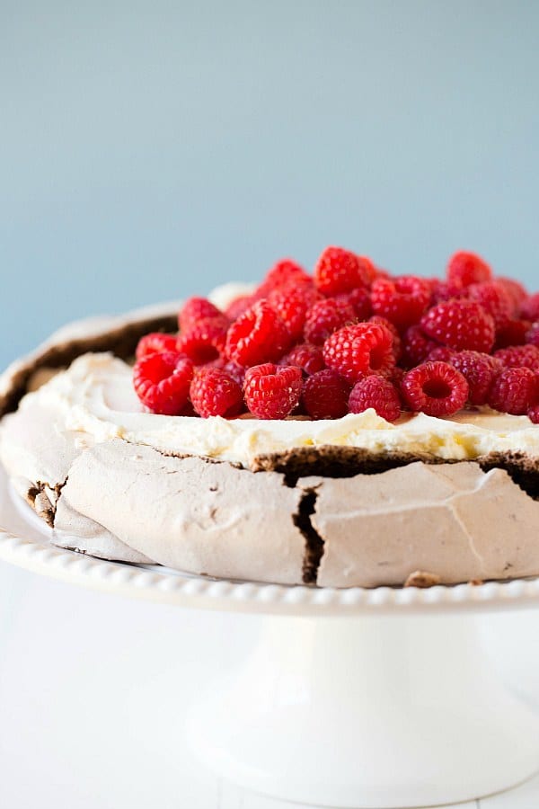 Chocolate Pavlova with Mascarpone Whipped Cream and Raspberries