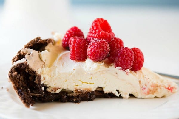 Chocolate Pavlova with Mascarpone Whipped Cream and Raspberries