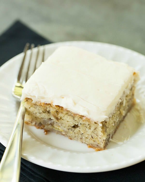 Banana Snack Cake with Cream Cheese Frosting by @browneyedbaker :: www.browneyedbaker.com