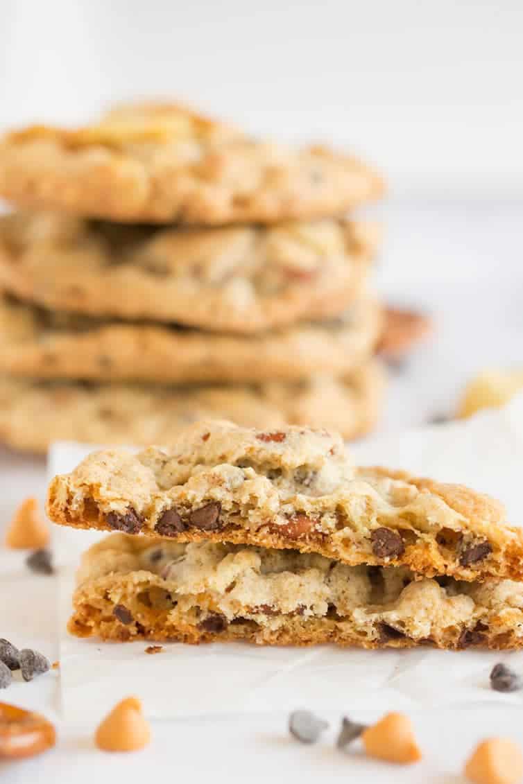 A compost cookie broken in half.
