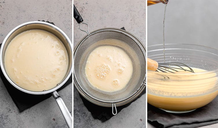A series of three photos showing the custard base of eggnog.
