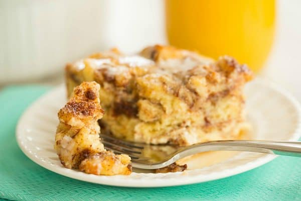 Cinnamon Roll Bread Pudding Breakfast Bake | browneyedbaker.com #recipe