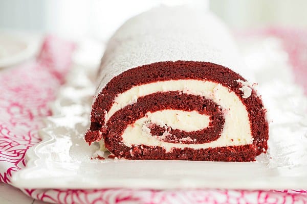 Red Velvet Roll Cake | browneyedbaker.com #recipe #ValentinesDay