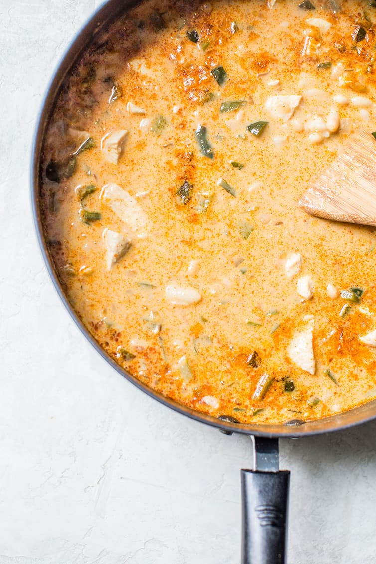 White Chicken Chili simmering on the stove.