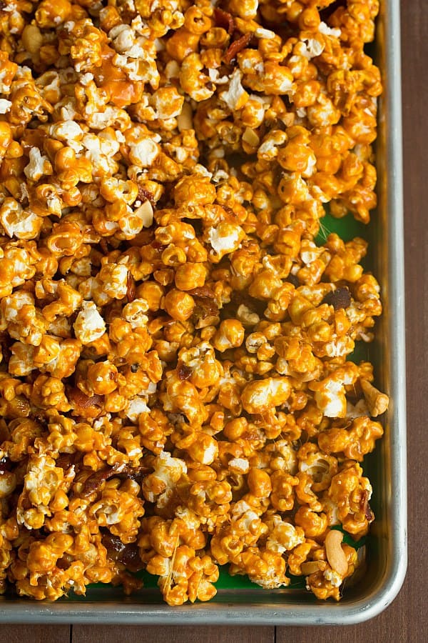 Bourbon Bacon Cashew Caramel Corn | browneyedbaker.com #recipe