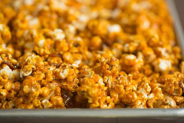 Bourbon Bacon Cashew Caramel Corn | browneyedbaker.com #recipe