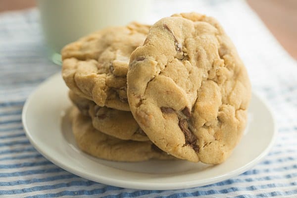 Salted Peanut Butter Cup Chocolate Chip Cookies | browneyedbaker.com #recipe