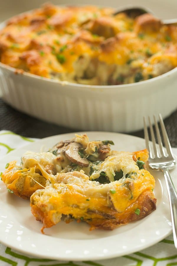 Cheesy Bacon, Mushroom & Spinach Breakfast Strata | browneyedbaker.com #recipe