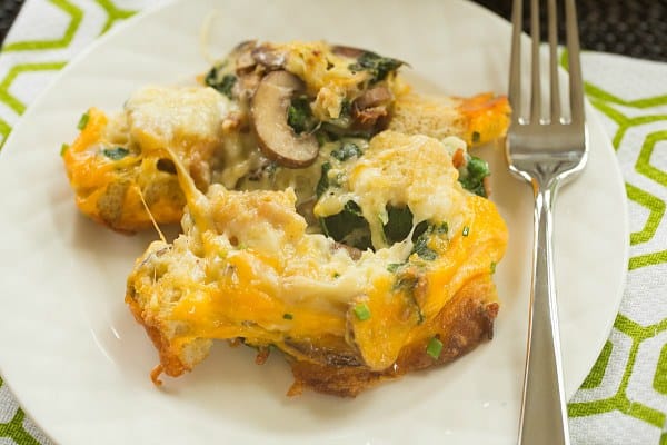 Cheesy Bacon, Mushroom & Spinach Breakfast Strata | browneyedbaker.com #recipe