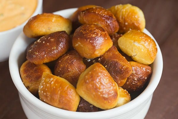 Soft Pretzel Nuggets with Spicy Cheese Dipping Sauce | browneyedbaker.com #recipe
