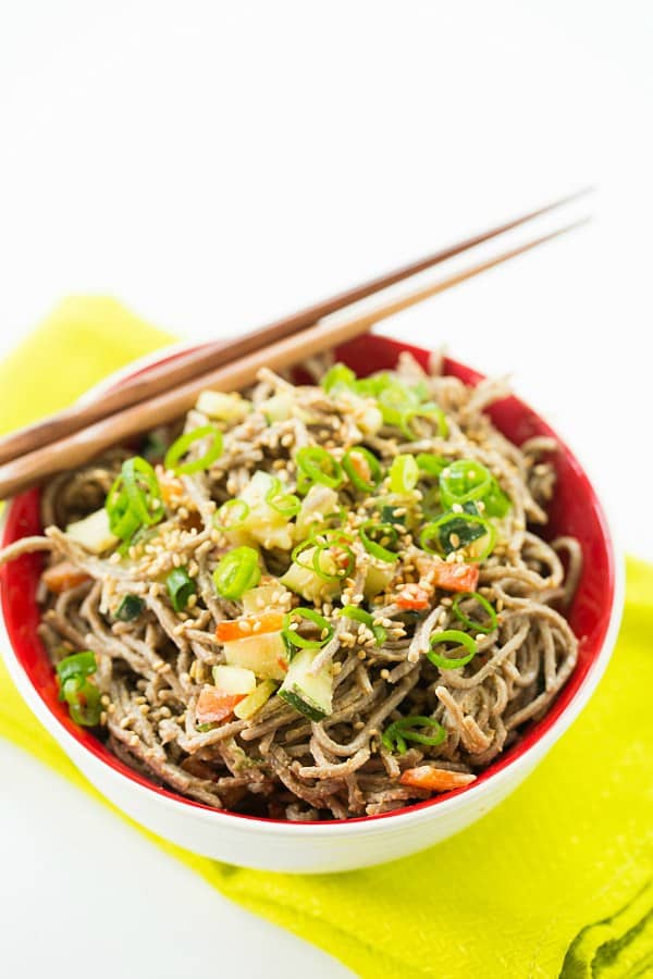 Cold Soba Noodle Salad with Spicy Peanut Sauce | browneyedbaker.com #recipe