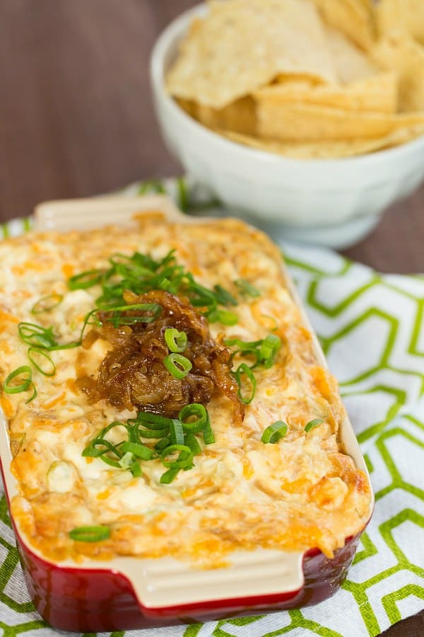 Creamy Caramelized Onion and Roasted Garlic Dip | browneyedbaker.com #recipe #appetizers #gameday