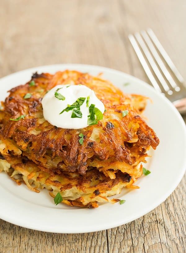 Crispy Potato Latkes | browneyedbaker.com #recipe #oktoberfest #hanukkah