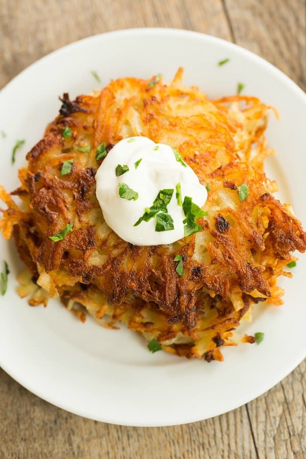 Crispy Potato Latkes | browneyedbaker.com #recipe #oktoberfest #hanukkah
