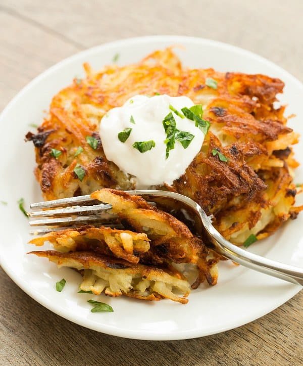 Crispy Potato Latkes | browneyedbaker.com #recipe #oktoberfest #hanukkah