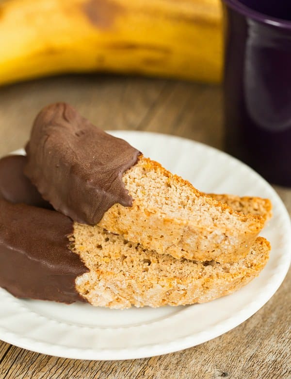 Chocolate-Dipped Banana Bread Biscotti | browneyedbaker.com #recipe