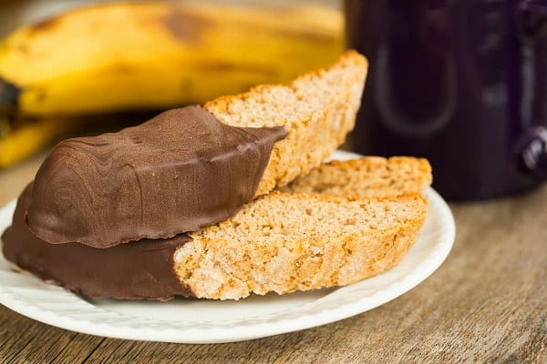 Chocolate-Dipped Banana Bread Biscotti | browneyedbaker.com #recipe