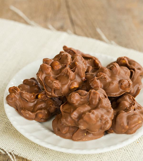 Crock-Pot Chocolate-Covered Peanut Clusters - SO easy and addictive! | browneyedbaker.com