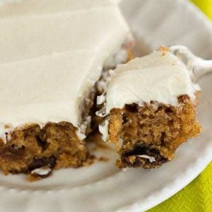 Oatmeal-Raisin Snack Cake with Cream Cheese Frosting | browneyedbaker.com