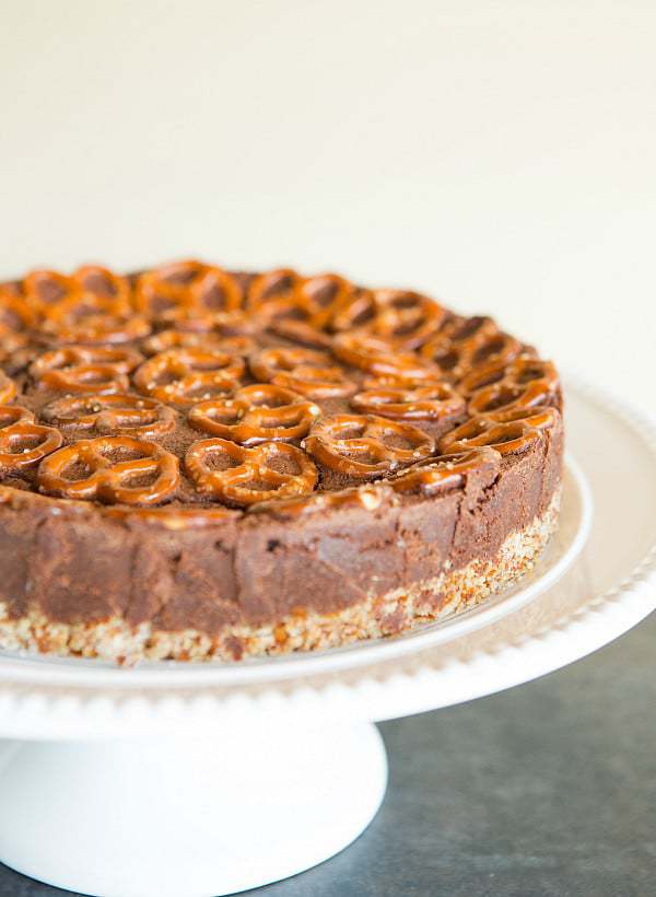 Salted Dark Chocolate Cake with Pretzel Crust | browneyedbaker.com