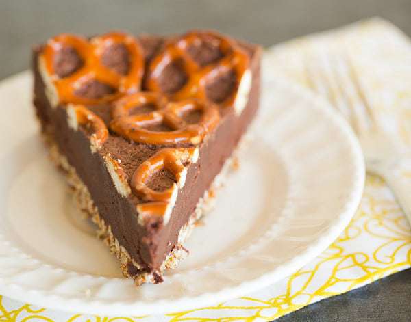 Salted Dark Chocolate Cake with Pretzel Crust | browneyedbaker.com