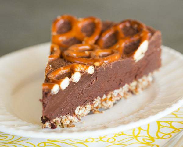Salted Dark Chocolate Cake with Pretzel Crust | browneyedbaker.com