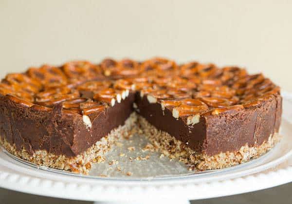 Salted Dark Chocolate Cake with Pretzel Crust | browneyedbaker.com