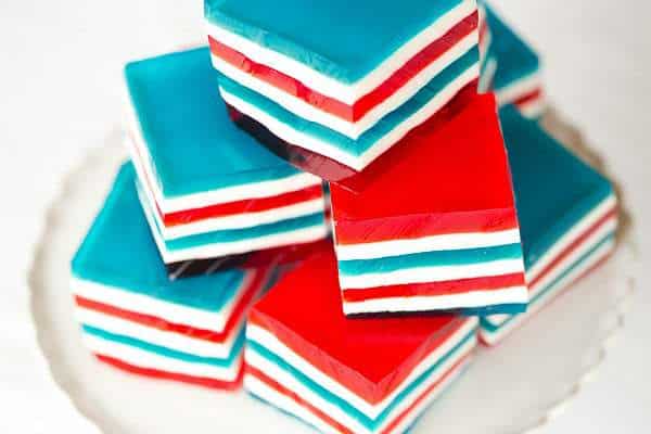 Red, White & Blue Layered Finger Jello, aka Jello Jigglers, aka Knox Blocks | browneyedbaker.com