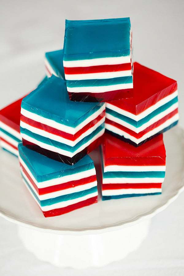 Red, White & Blue Layered Finger Jello, aka Jello Jigglers, aka Knox Blocks | browneyedbaker.com
