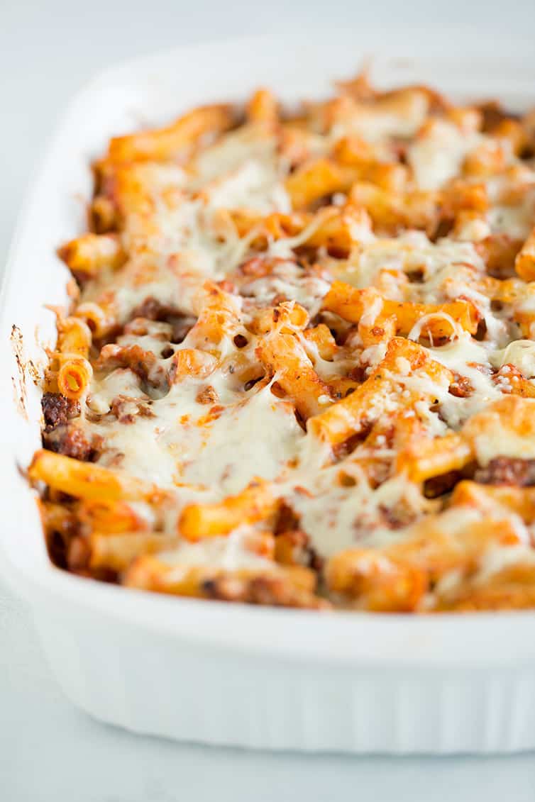 A casserole pan of baked ziti.