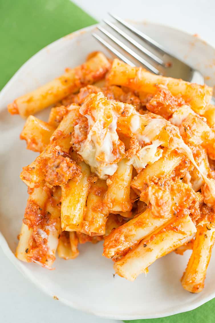 An overhead shot of a plate of baked ziti