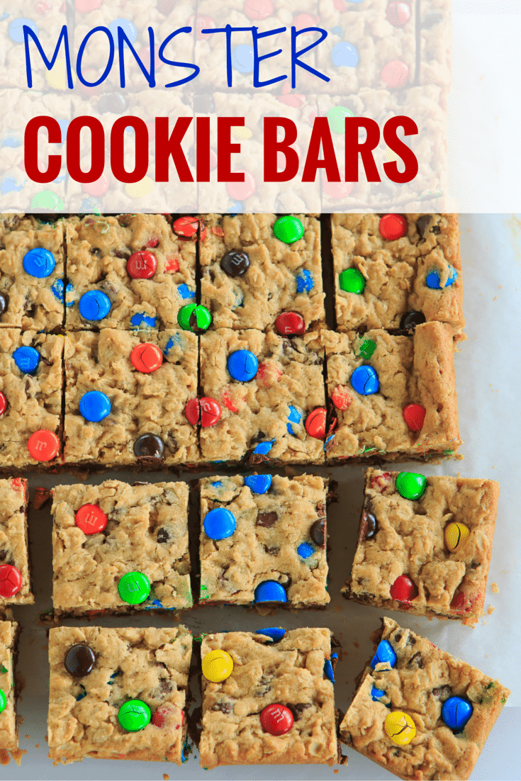 Monster Cookie Bars - Peanut butter dough is loaded with oats, chocolate chips and M&M's. | https://apex-male.info/monster-cookie-bars/