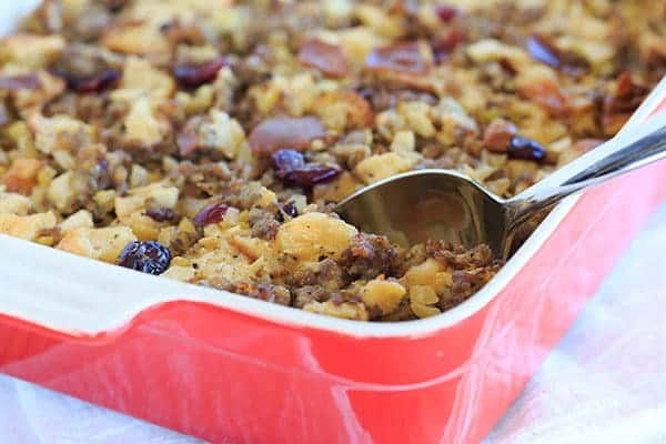 Sausage, Apple & Sage Stuffing made with Challah bread. | https://apex-male.info/sausage-apple-sage-stuffing/