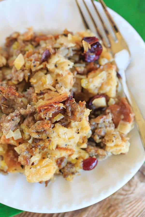 Sausage, Apple & Sage Stuffing made with Challah bread. | https://apex-male.info/sausage-apple-sage-stuffing/
